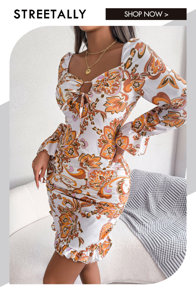 Sexy Print Lace-Up Square Neck Long Sleeve Ruffle Bodycon Dresses