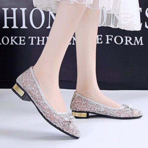 Low Heel Open Mesh Point Bow Rhinestone Lace Shallow Flat & Loafers
