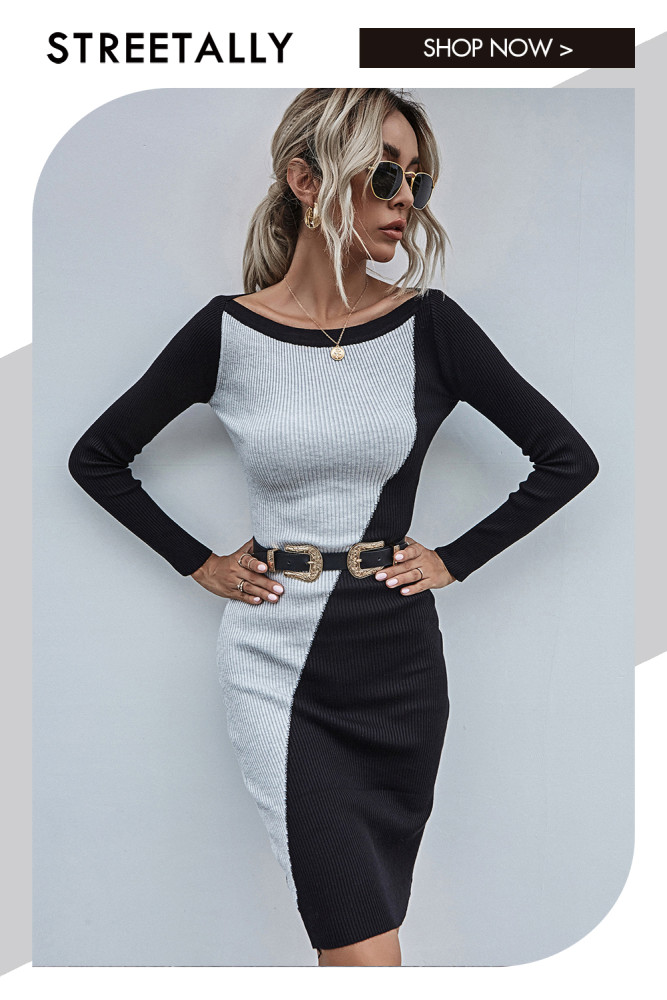 Colorblock Elegant Fashion Contrast Slim Fit Sweater Dresses