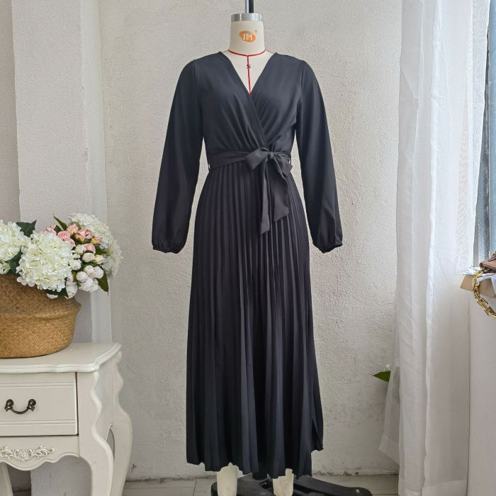 Elegant Cross V-Neck Pleated Solid Color Maxi Dresses