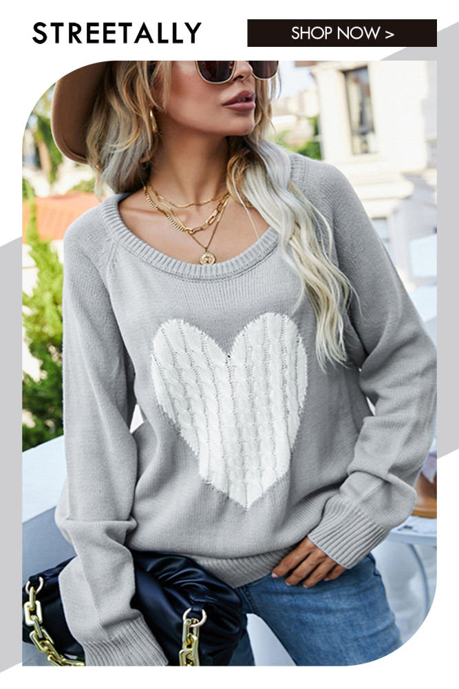 Grey Loose Heart Pullover Crew Neck Sweaters & Cardigans