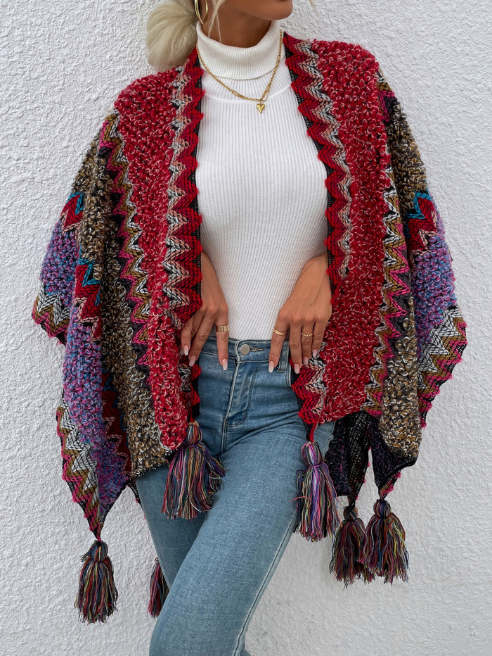 Rainbow Color Contrast Ethnic Tassel Elegant Wraps