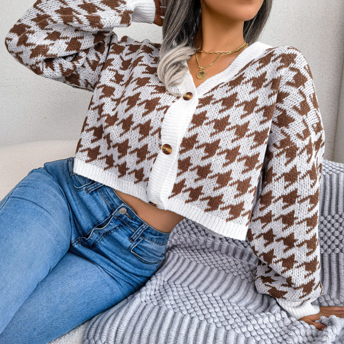 Casual Lantern Long Sleeve Houndstooth Cardigan Sweaters & Cardigans