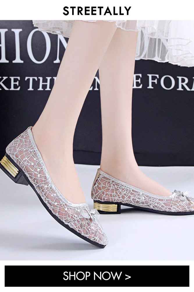 Low Heel Open Mesh Point Bow Rhinestone Lace Shallow Flat & Loafers