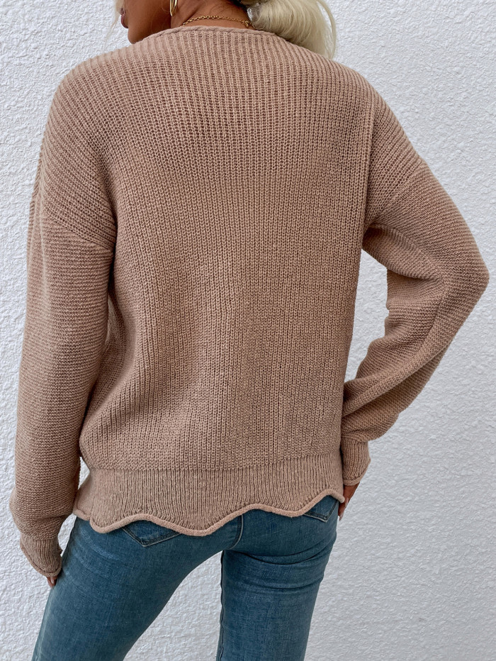 Elegant Wave Pocket Hemp Pattern Solid Sweaters & Cardigans