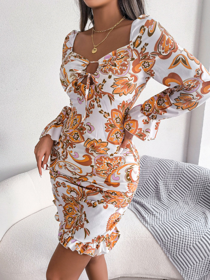 Sexy Print Lace-Up Square Neck Long Sleeve Ruffle Bodycon Dresses