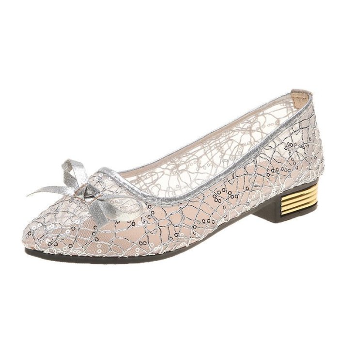 Low Heel Open Mesh Point Bow Rhinestone Lace Shallow Flat & Loafers
