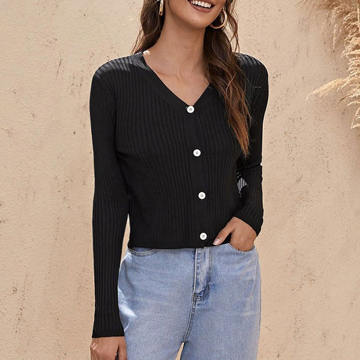 Simple Single Breasted Black V-Neck Sweaters & Cardigans