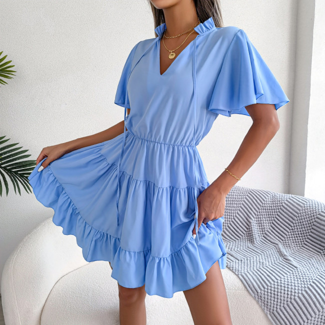 Solid Color V-Neck Ruffled Large Hem A-Line Mini Dresses