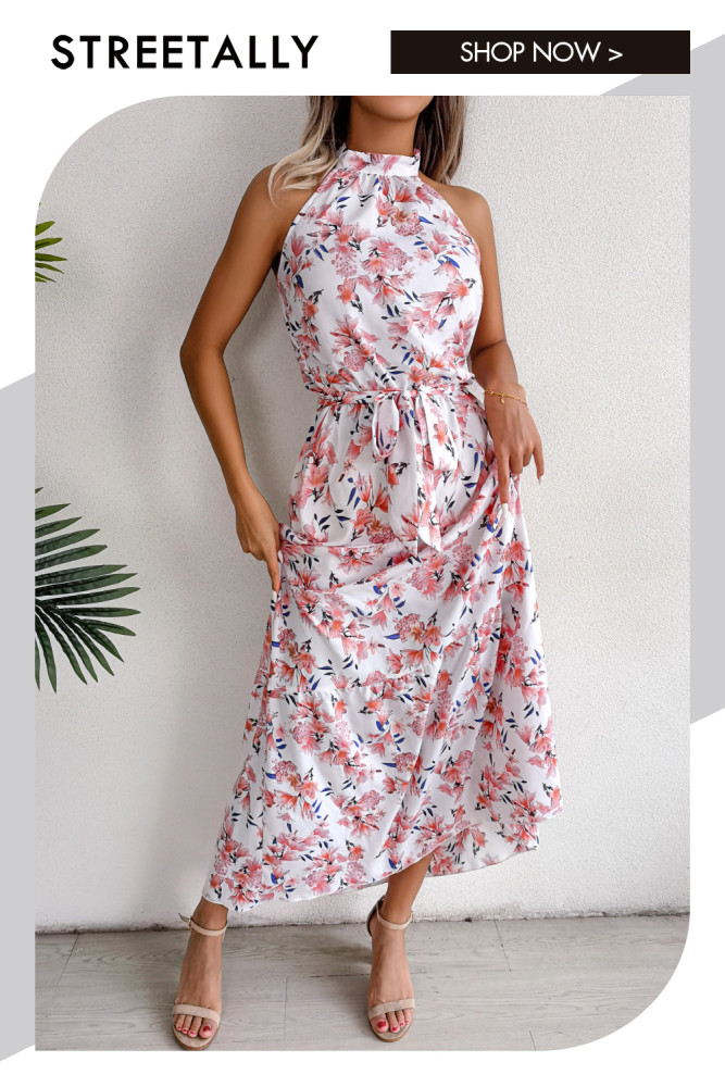 Halter Tie Backless Floral Irregular Vacation Maxi Dresses