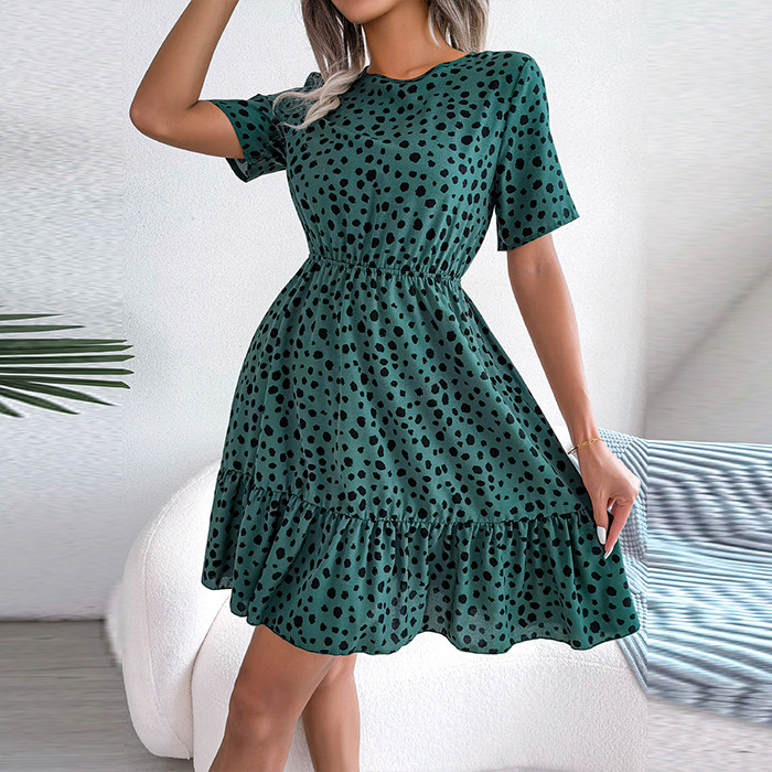 Casual Polka Dot Waist Ruffle Swing Round Neck Mini Dresses