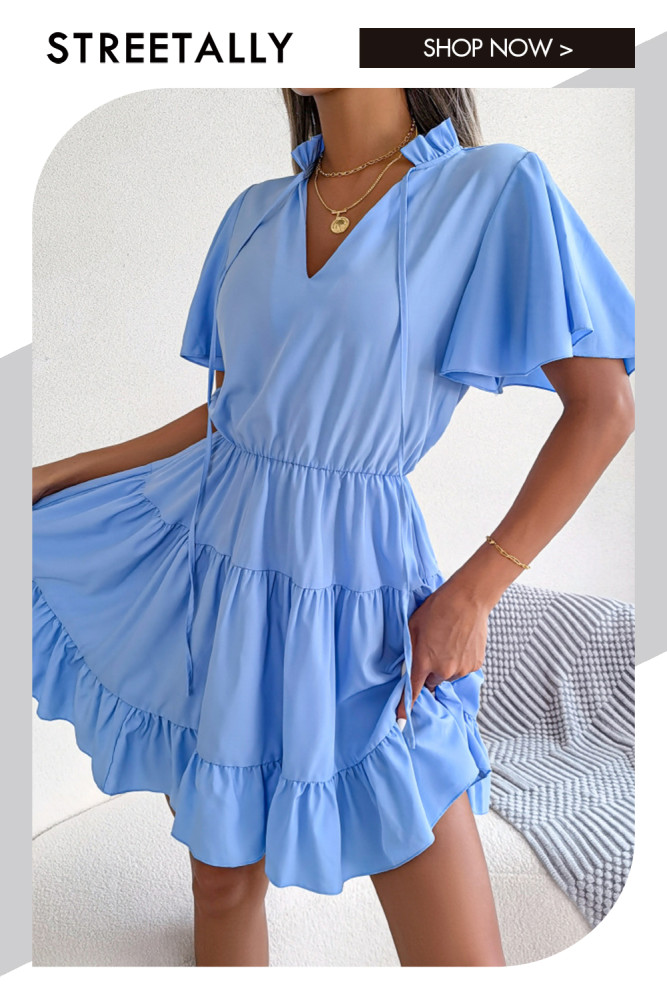 Solid Color V-Neck Ruffled Large Hem A-Line Mini Dresses