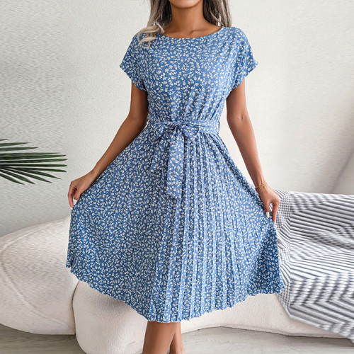 Casual Short Sleeve Floral Pleated Crew Neck Midi Dresses