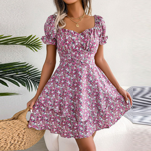 Temperament Floral Lace-Up Waist Swing Square Neck Puff Sleeves Mini Dresses