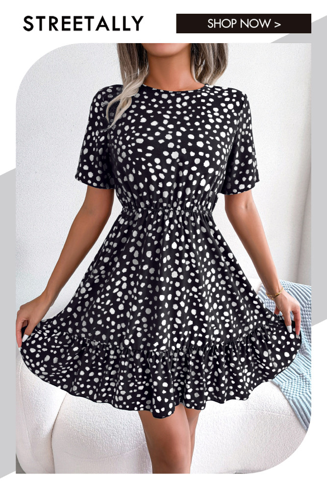 Casual Polka Dot Waist Ruffle Swing Round Neck Mini Dresses