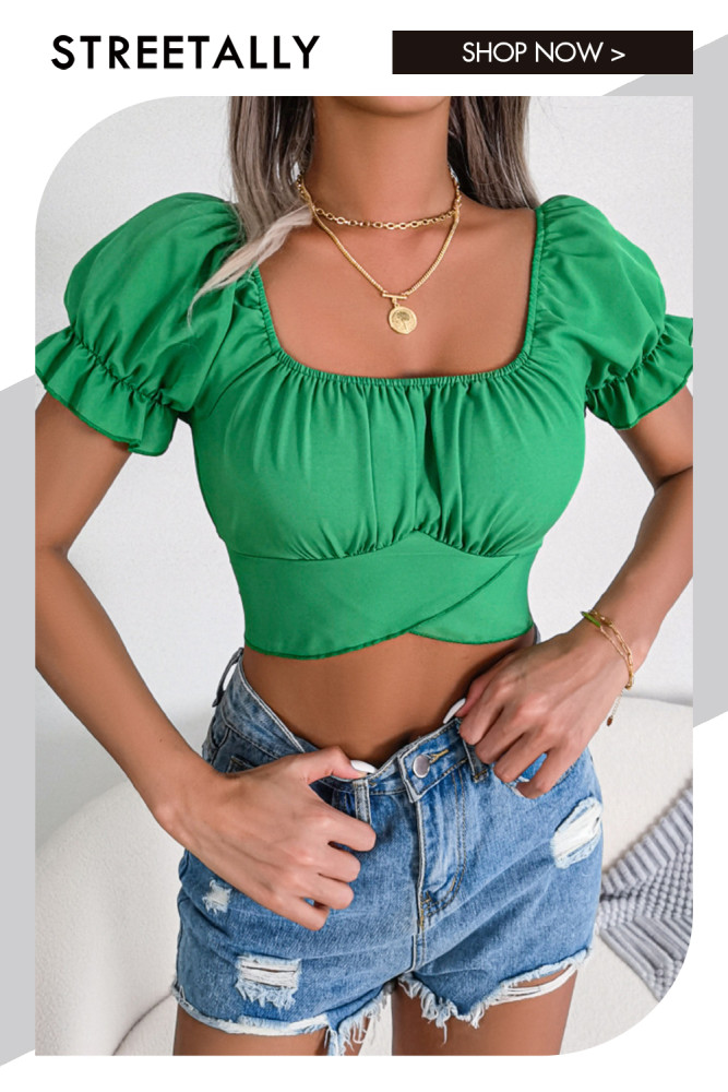 Solid Short Sleeve Tie Waist Chiffon Crop Navel Square Neck Blouses & Shirts