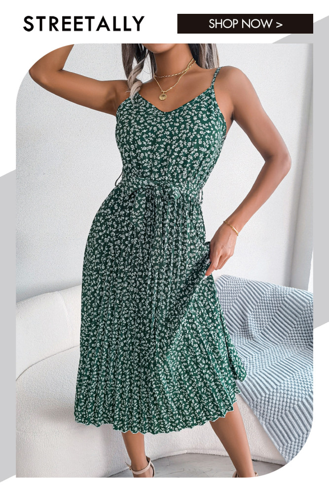 Casual Floral Pleated Sling Strap V-Neck Midi Dresses