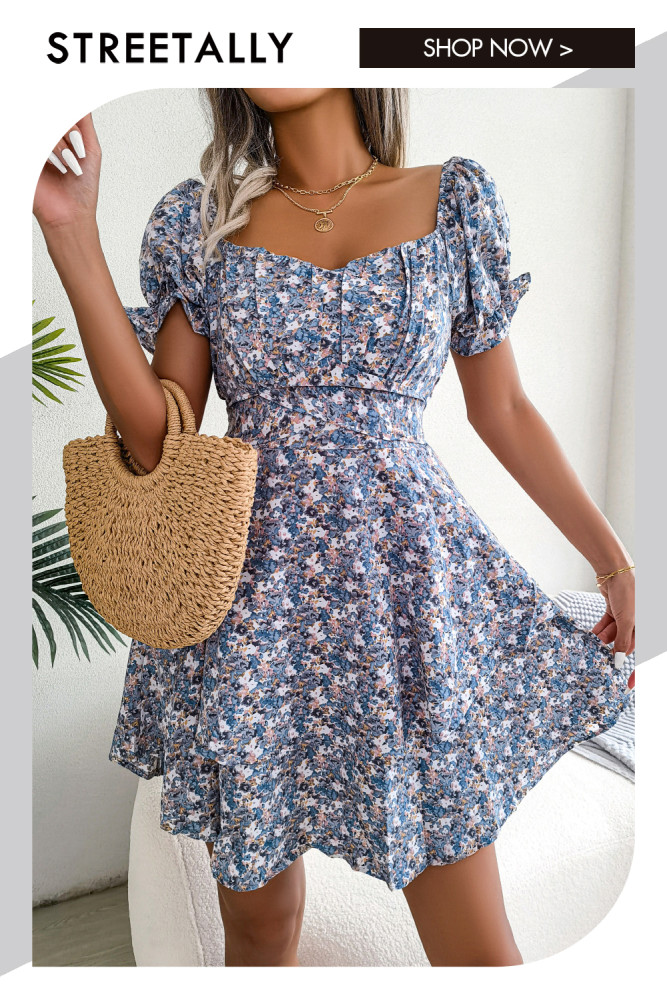 Temperament Floral Lace-Up Waist Swing Square Neck Puff Sleeves Mini Dresses