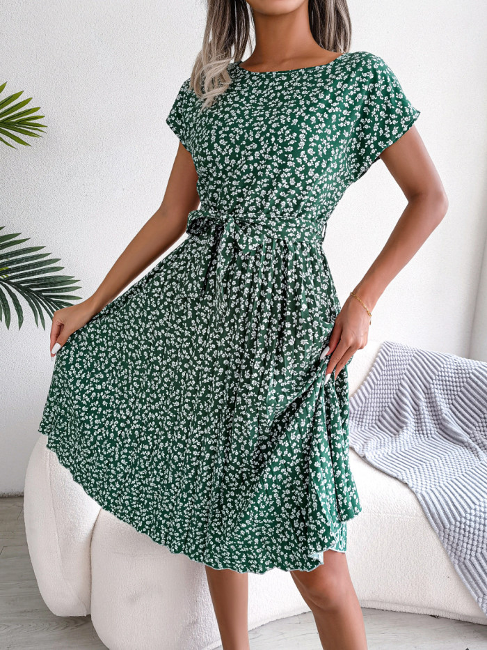 Casual Short Sleeve Floral Pleated Crew Neck Midi Dresses