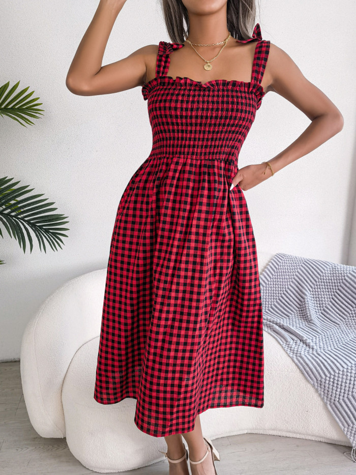 Casual Lace-Up Contrast Plaid Elegant Sling Square Neck Midi Dresses