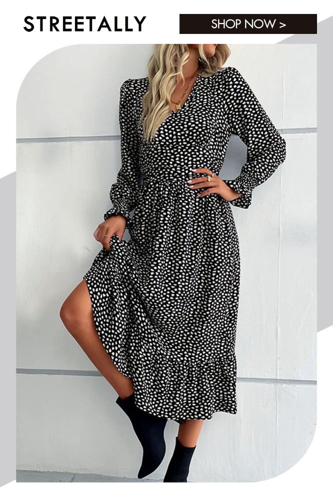 Fashion Ruffle Print V-Neck Long Sleeves Black Midi Dresses