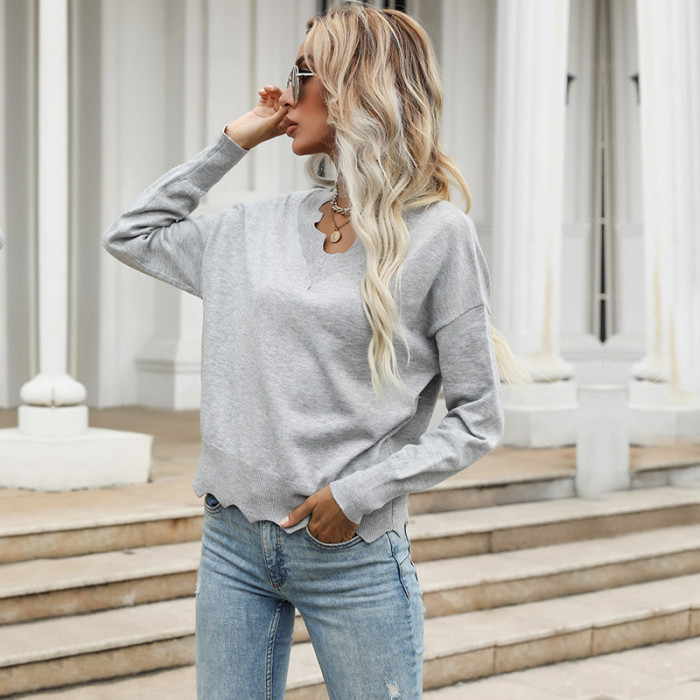 V-Neck Loose Long Sleeves Grey Lace Sweaters & Cardigans
