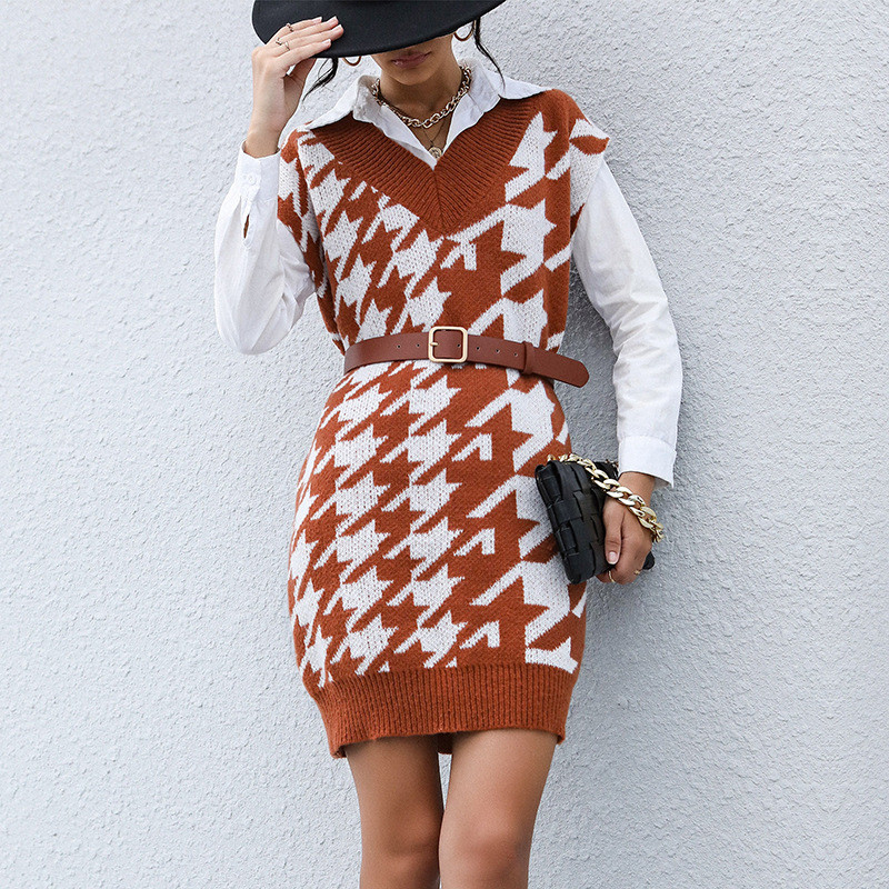 Elegant Fashion Casual Long Sleeve Houndstooth Tank Top Sweater Dresses
