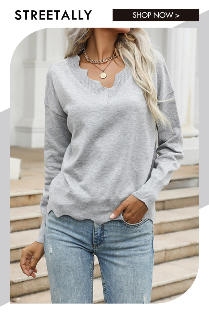 V-Neck Loose Long Sleeves Grey Lace Sweaters & Cardigans