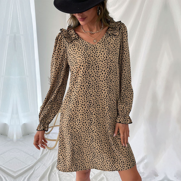 Fashion Loose V-Neck Long Sleeve Leopard Print Mini Dresses