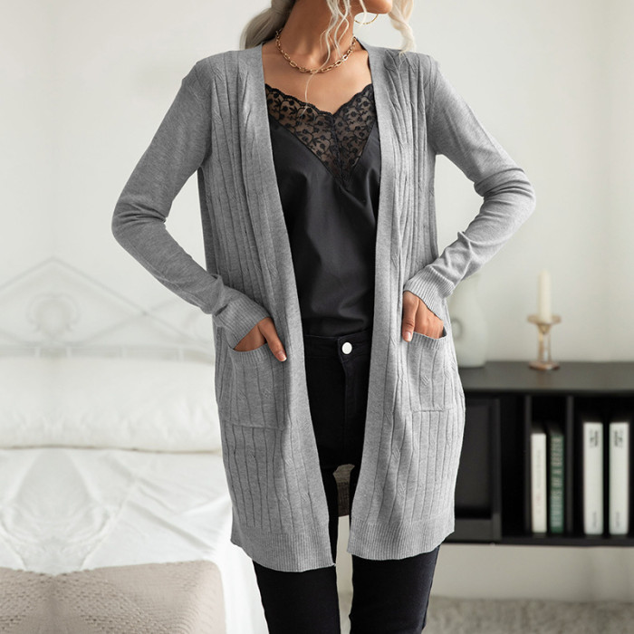 Grey Long Sleeve Pit Strip Long Fashion Sweaters & Cardigans