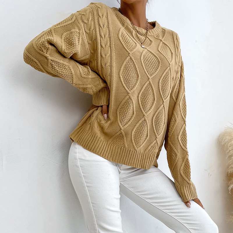 Solid Color Fashion Casual Long Sleeve Hemp Pattern Crew Neck Sweaters & Cardigans