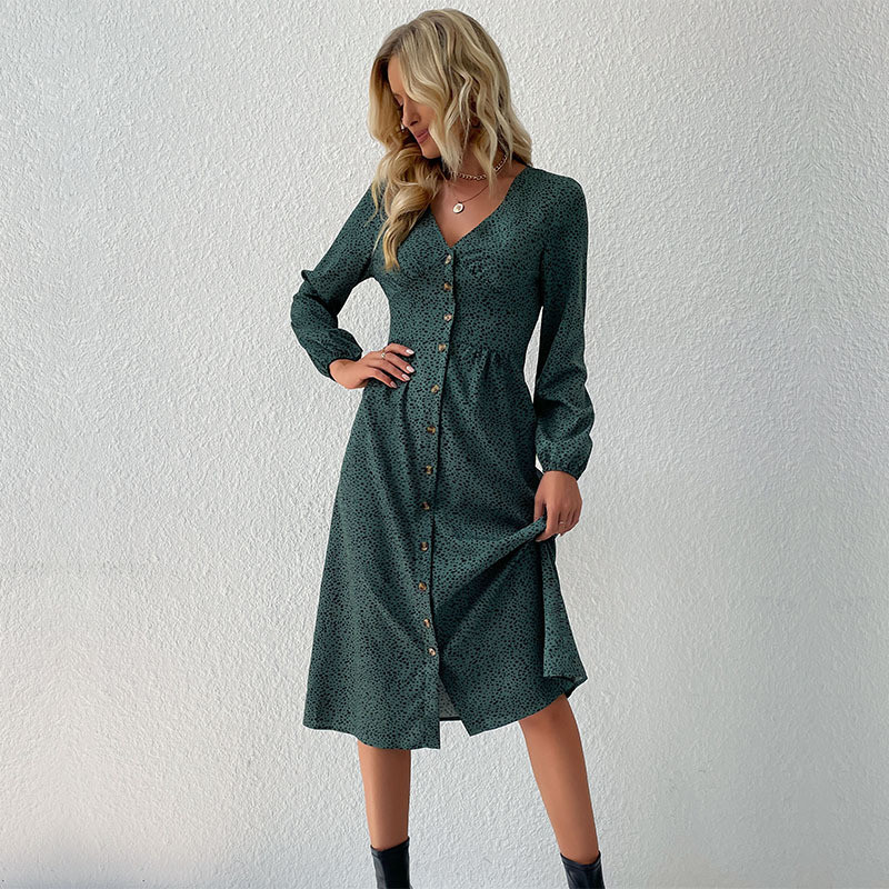 Fashionable V-Neck Single Breasted Long Sleeve Midi Dresses