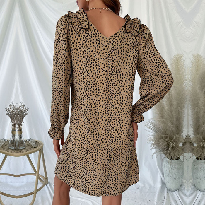 Fashion Loose V-Neck Long Sleeve Leopard Print Mini Dresses