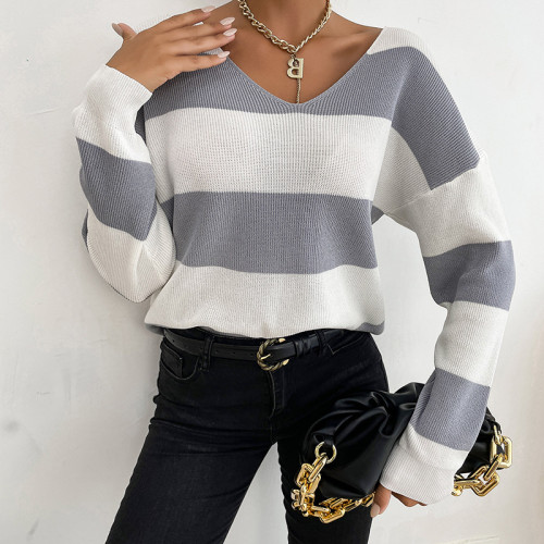 Casual Fashion Long Sleeve V-Neck Striped Colorblock Sweaters & Cardigans