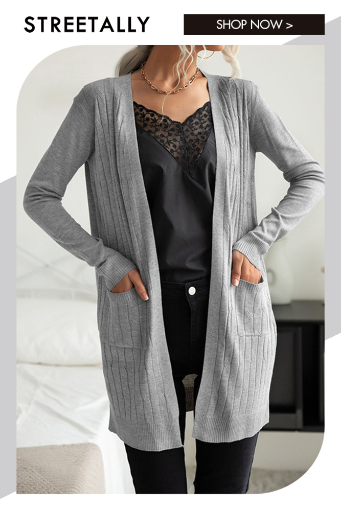 Grey Long Sleeve Pit Strip Long Fashion Sweaters & Cardigans