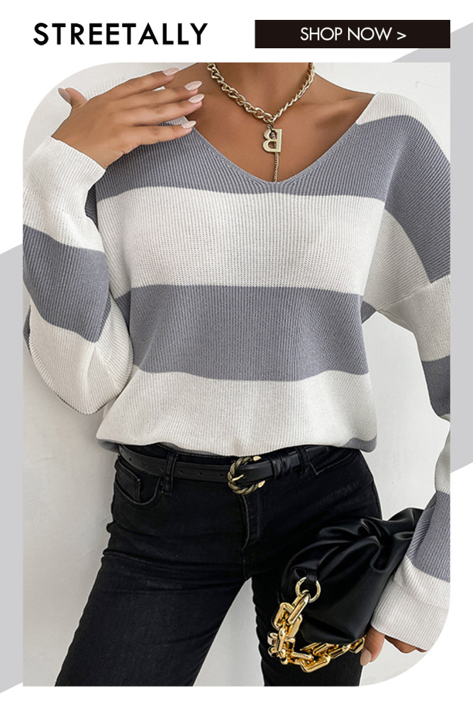 Casual Fashion Long Sleeve V-Neck Striped Colorblock Sweaters & Cardigans
