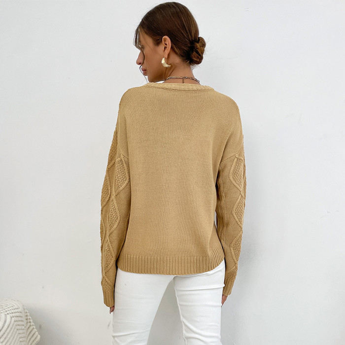 Solid Color Fashion Casual Long Sleeve Hemp Pattern Crew Neck Sweaters & Cardigans