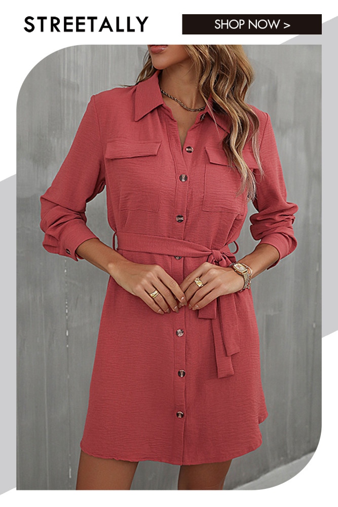 Solid Color Fashion Long Sleeve Lapel French Tie Single Breasted Mini Dresses