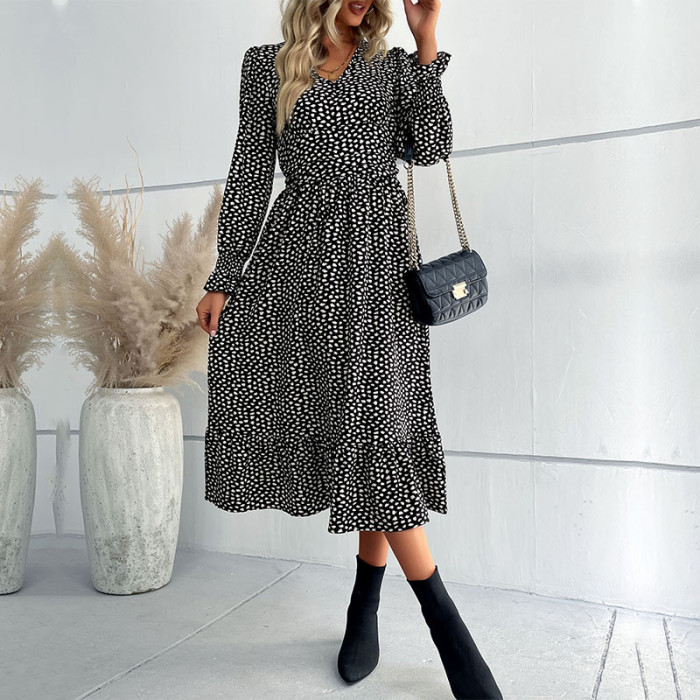 Fashion Ruffle Print V-Neck Long Sleeves Black Midi Dresses