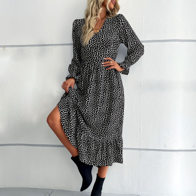 Fashion Ruffle Print V-Neck Long Sleeves Black Midi Dresses