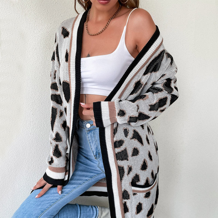 Long Sleeve Leopard Print Casual Elegant Sweaters & Cardigans