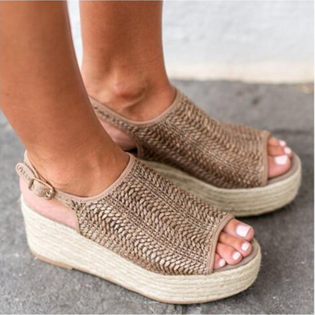 Fashion Plus Size Hemp Rope Fish Mouth Wedge Sandals