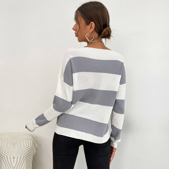 Casual Fashion Long Sleeve V-Neck Striped Colorblock Sweaters & Cardigans