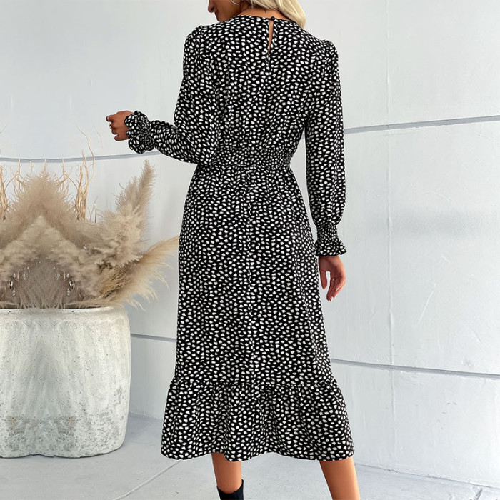 Fashion Ruffle Print V-Neck Long Sleeves Black Midi Dresses