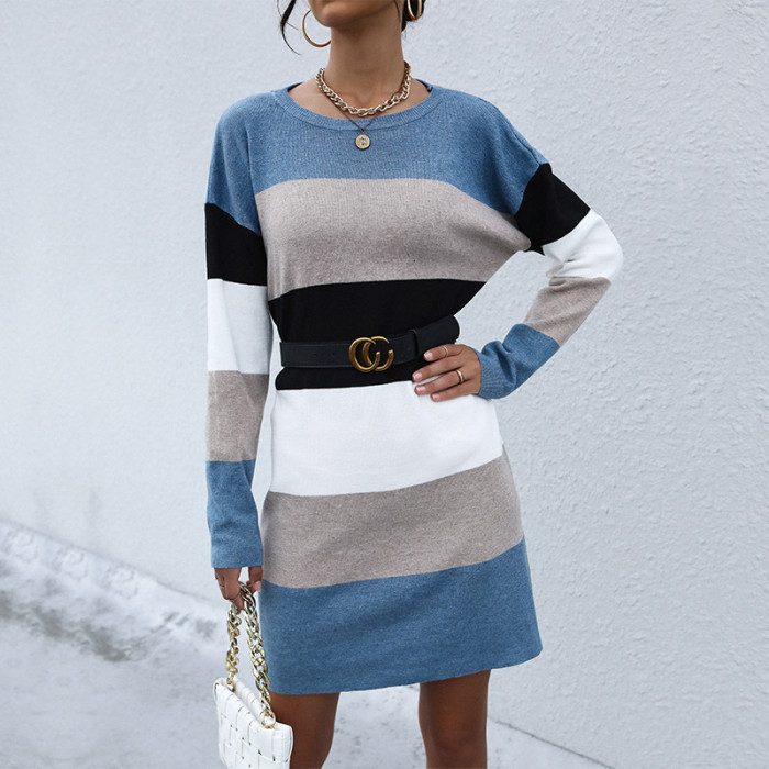 Fashion Casual Colorblock Long Sleeve Crew Neck Sweater Dresses