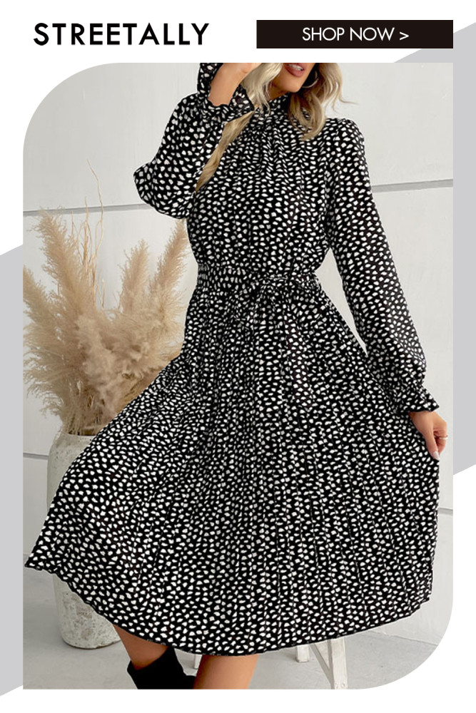 Printed Fashion Pleated Long Sleeve Black Turtleneck Midi Dresses