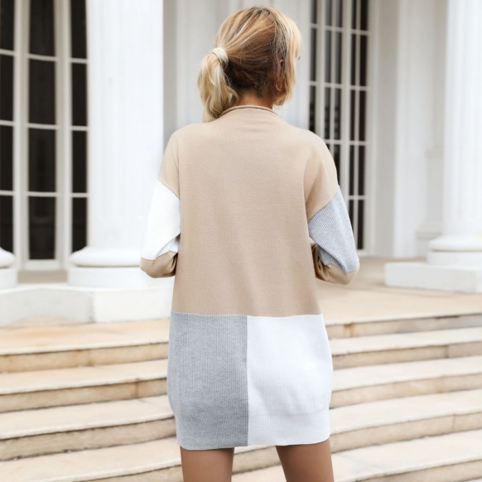 Colorblock Fashion Casual Long Sleeve Loose Turtleneck Sweater Dresses