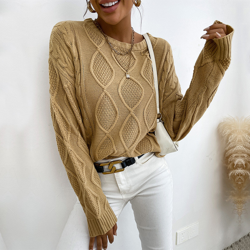 Solid Color Fashion Casual Long Sleeve Hemp Pattern Crew Neck Sweaters & Cardigans