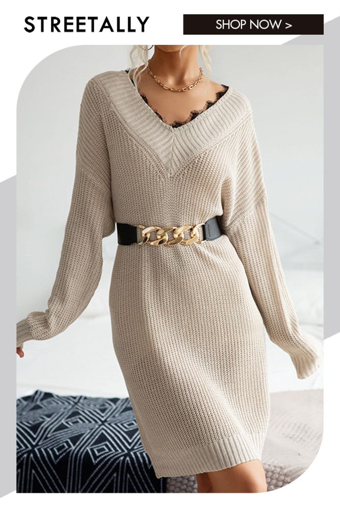 Fashion V-Neck Solid Color Long Sleeve Lace Panel Sweater Dresses