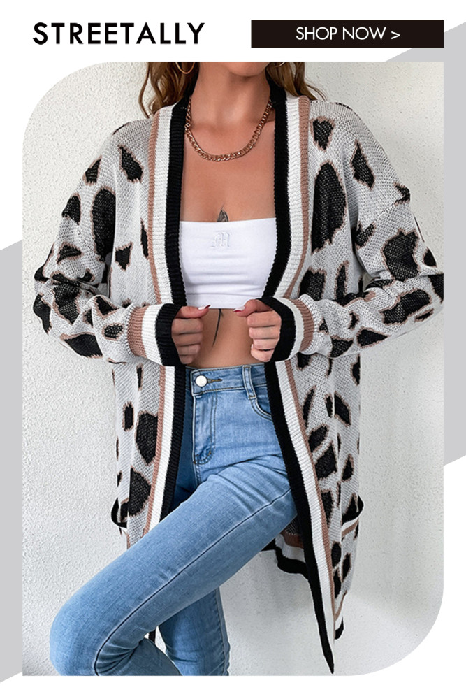 Long Sleeve Leopard Print Casual Elegant Sweaters & Cardigans